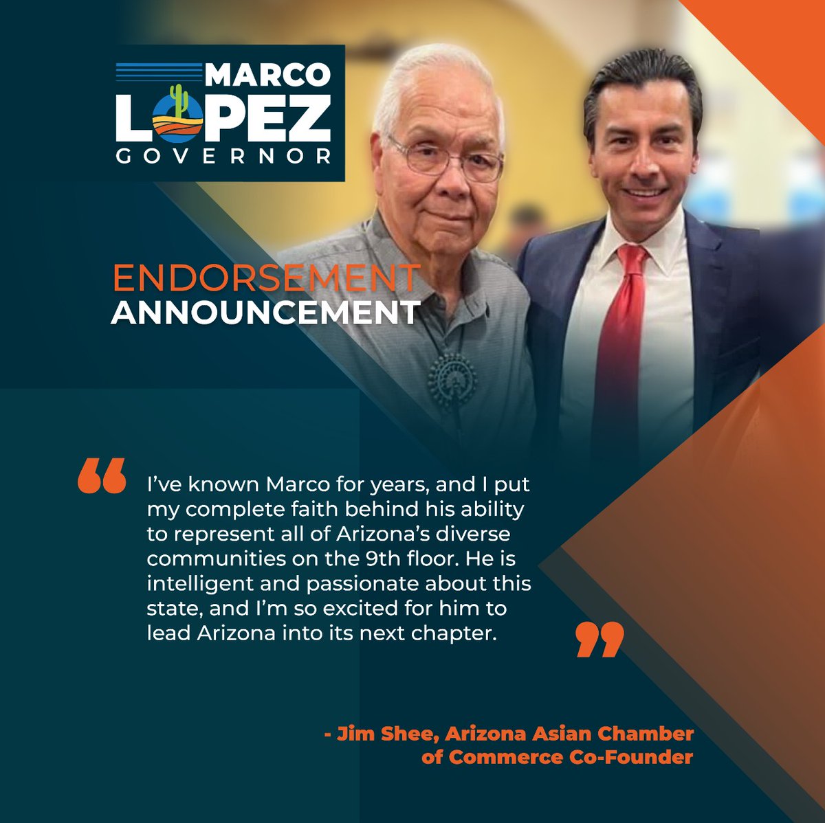 Marco 🇺🇸✌🏽 (@1marcolopez) on Twitter photo 🚨ENDORSEMENT ALERT🚨
<a href="/AZAsianChamber/">Asian Chamber Inc. 💼</a> Co-founder Jim Shee endorses Marco Lopez for Governor!
Jim is decorated for his work in civil rights and stood up for all of us as a litigant in the SCOTUS case deciding the legality of SB 1070. It's an honor to have him on Team Lopez! 🚨ENDORSEMENT ALERT🚨
<a href="/AZAsianChamber/">Asian Chamber Inc. 💼</a> Co-founder Jim Shee endorses Marco Lopez for Governor!
Jim is decorated for his work in civil rights and stood up for all of us as a litigant in the SCOTUS case deciding the legality of SB 1070. It's an honor to have him on Team Lopez!