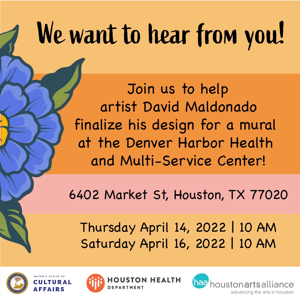Houston Mayor's Office of Cultural Affairs (@houston_moca) on Twitter photo Join David Maldonado <a href="/capdavjon/">David E. Maldonado</a> this Thursday April 14 at 10:00AM and Saturday April 16 at 10:00AM for community feedback at #DenverHarbor Multi-Service Center! #mural Join David Maldonado <a href="/capdavjon/">David E. Maldonado</a> this Thursday April 14 at 10:00AM and Saturday April 16 at 10:00AM for community feedback at #DenverHarbor Multi-Service Center! #mural