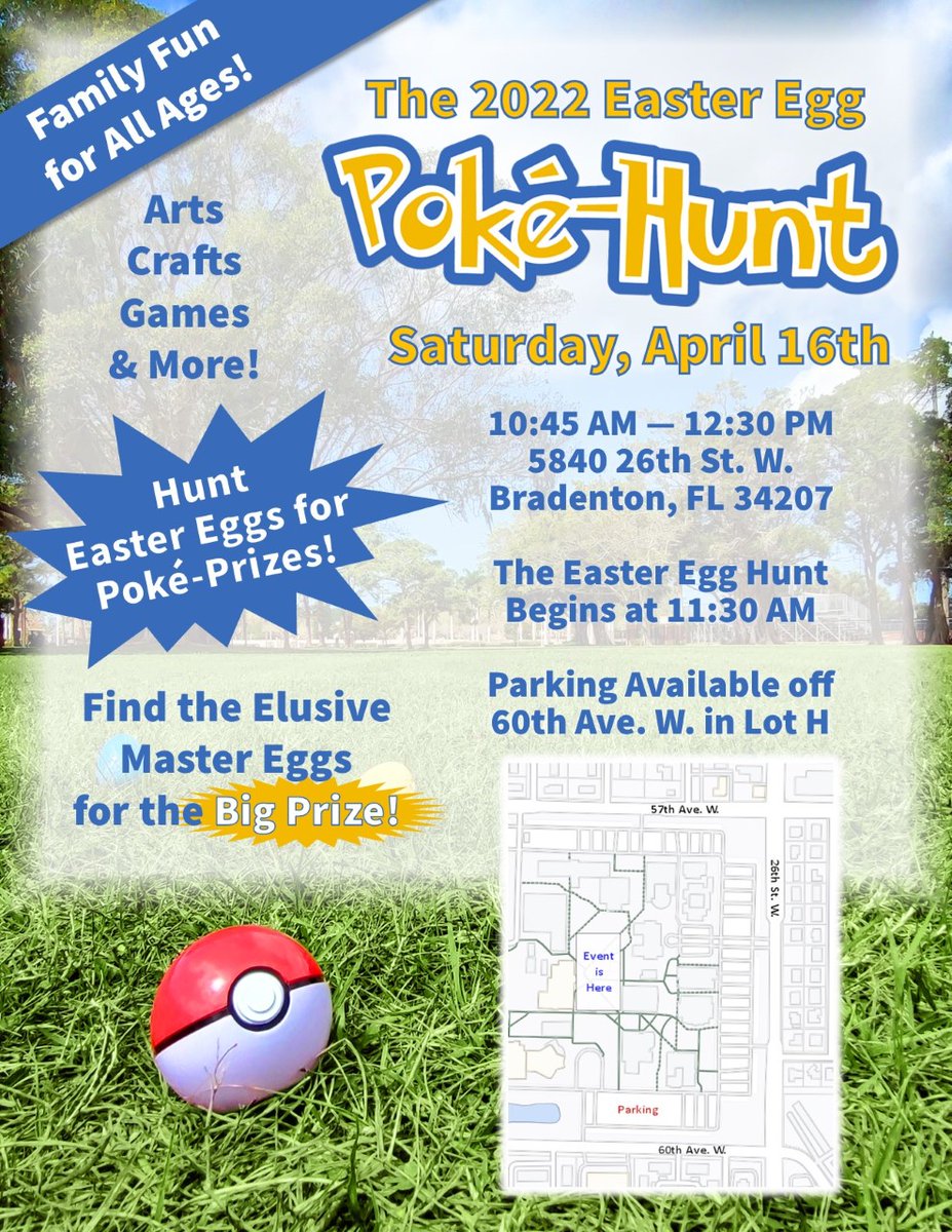 SCFnow's tweet photo. The SCF Nerd Club, Earth Club and Phi Beta Lambda hosts their annual Easter Egg Hunt for Pokémon-prizes! 

Arts, crafts, games and more - it's fun for the whole family. The Easter Egg Hunt begins at 11:30 a.m.

Parking is available in Parking Lot H off 60th Ave. West https://t.co/7dNqTMoAoF