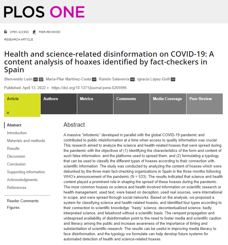 Tras dos años de trabajo, llegó el día. La revista científica <a href="/PLOSONE/">PLOS One</a>, una de las de mayor prestigio mundial, publica nuestro artículo sobre la desinformación durante la pandemia de COVID-19. Ojalá el estudio sirva para extraer lecciones. Acceso libre.
journals.plos.org/plosone/articl…