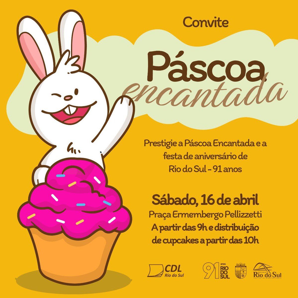 PrefRiodoSul's tweet photo. Uma data especial que terá muita alegria e atividades para toda família. Venha para a Praça neste sábado (16) para 🥳comemorar os 91 anos de Rio do Sul. 

Vai ter cupcakes🧁 e diversas atrações🎈🎉, também marcando a chegada da Páscoa. Bora lá✌🏼. 

#páscoa #91anos #riodosul https://t.co/6CiDZwZKUB