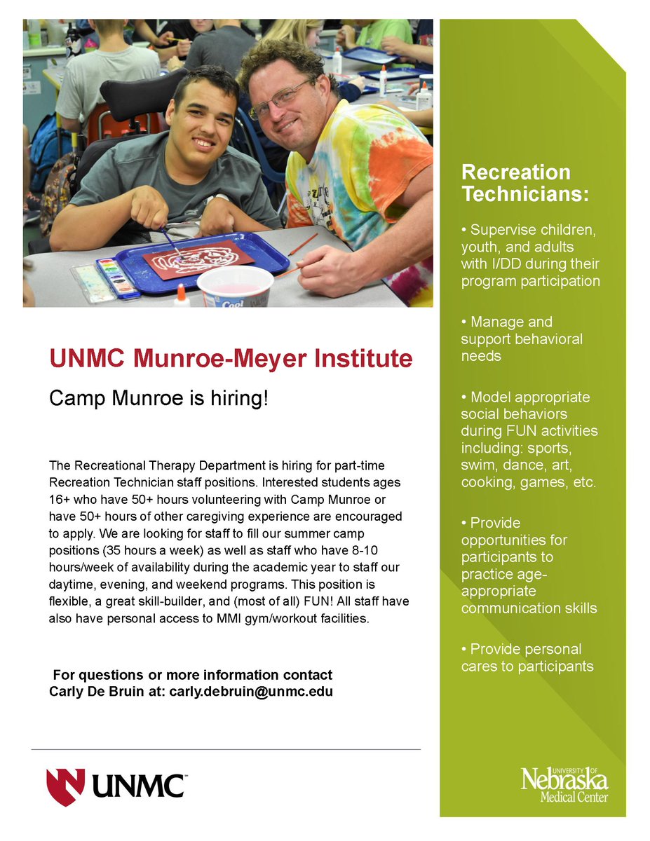 unmc_mmi's tweet photo. CAMP MUNROE IS HIRING! 😃
#mmiRecTherapy has part-time openings for students age 16+ who have 50 or more hours volunteering with Camp Munroe or another caregiving experience. 
TO APPLY: Email carly.debruin@unmc.edu
#unmcMMI #MMIjobs #MMIemployment #mmiCampMunroe https://t.co/9XNEAeodvL