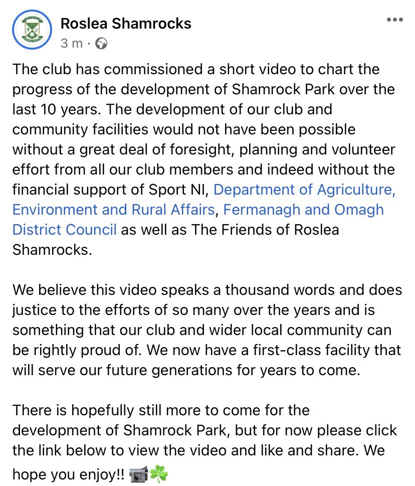 Roslea Shamrocks GFC (@rosleagfc) on Twitter photo The club has commissioned a short video to chart the progress of the development of Shamrock Park over the last 10 years. đšâď¸
m.youtube.com/watch?v=PW931FâŚ
@SportNINet
<a href="/fermanaghomagh/">Fermanagh & Omagh District Council</a>
<a href="/daera_ni/">DAERA</a>
<a href="/csr1888/">Cairde SeamrĂłga Ros Liath</a>
<a href="/FermanaghGAA/">Fermanagh GAA</a>
<a href="/UlsterGAA/">Ulster GAA</a>
<a href="/officialgaa/">The GAA</a>
<a href="/CrokePark/">Croke Park</a> The club has commissioned a short video to chart the progress of the development of Shamrock Park over the last 10 years. đšâď¸
m.youtube.com/watch?v=PW931FâŚ
@SportNINet
<a href="/fermanaghomagh/">Fermanagh & Omagh District Council</a>
<a href="/daera_ni/">DAERA</a>
<a href="/csr1888/">Cairde SeamrĂłga Ros Liath</a>
<a href="/FermanaghGAA/">Fermanagh GAA</a>
<a href="/UlsterGAA/">Ulster GAA</a>
<a href="/officialgaa/">The GAA</a>
<a href="/CrokePark/">Croke Park</a>