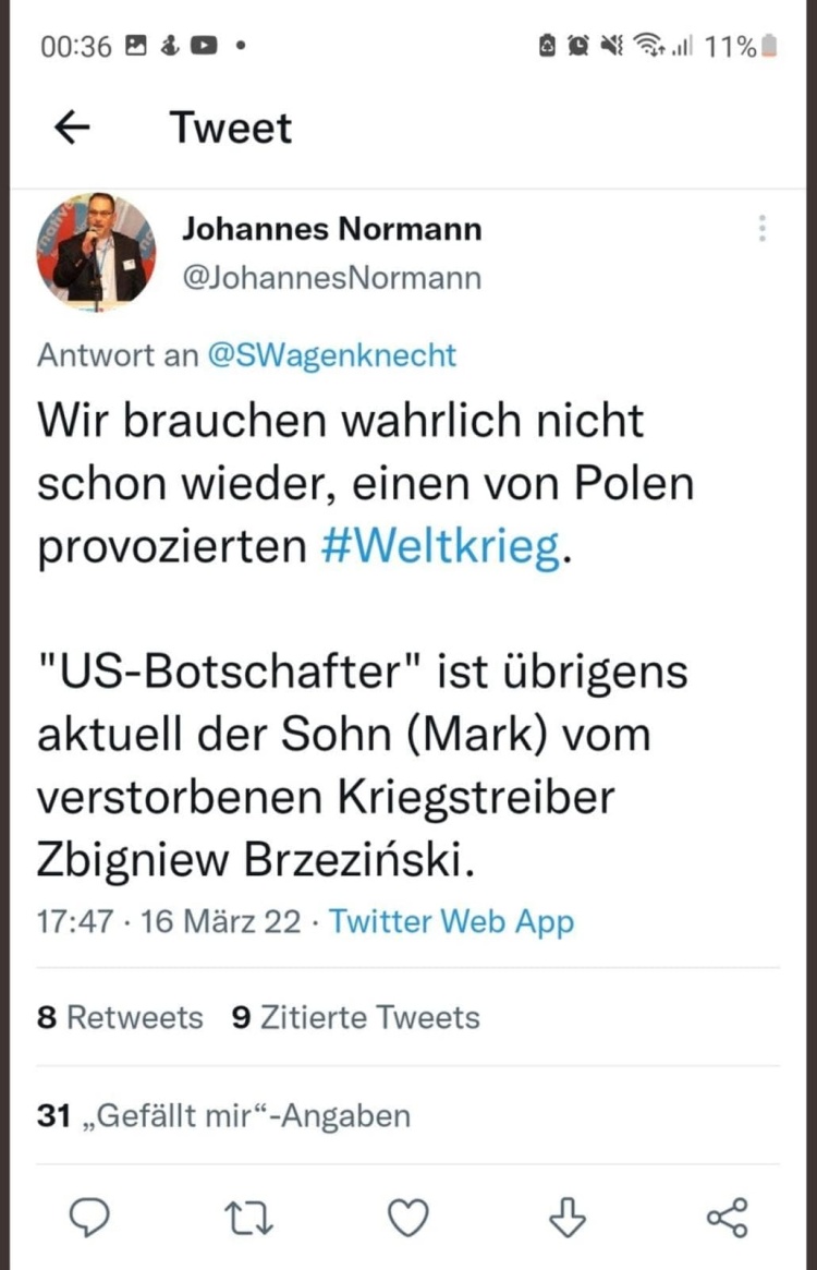 MajTom's tweet photo. @JohannesNormann warum haben Sie diesen Tweet gelöscht? Oder war ihnen der strafrechtlich relevante Inhalt bewusst und sie haben das vorsätzlich geschrieben?

@BfV_Bund ich bitte hier tätig zu werden

#DieWeltbrauchtKeineNazis https://t.co/STFZJ1HxMz
