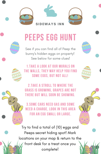 Bring your family to Sideways Inn this weekend for a truly 'egg-citing' time! Follow the clues and find all the eggs for a treat from the front desk. We hope you have a hoppy easter!
.
.
#sidewaysinn #sidewayslounge #adventureawaitsyou #myhwvmoment #buellton #solvang