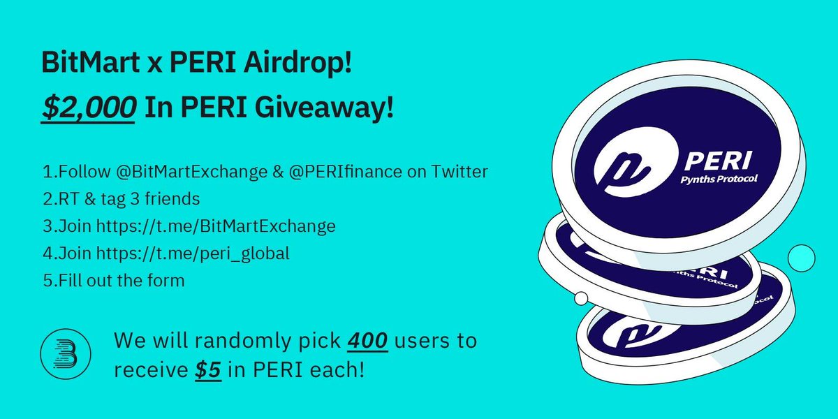 BitMartExchange's tweet photo. 🥳To celebrate PERI listing on Apr 14, 10 am EDT, we’re giving away $2000 in PERI to 400 lucky winners!
 
1. Follow @BitMartExchange &amp; @PERIfinance on Twitter
2. RT &amp; tag 3 Frds 
3. Join https://t.co/UKA4qi2Dwx
4. Join https://t.co/W3pFS7mIQ2
5. Fill out: https://t.co/tfh97liW63 https://t.co/F2L3IAJoXZ