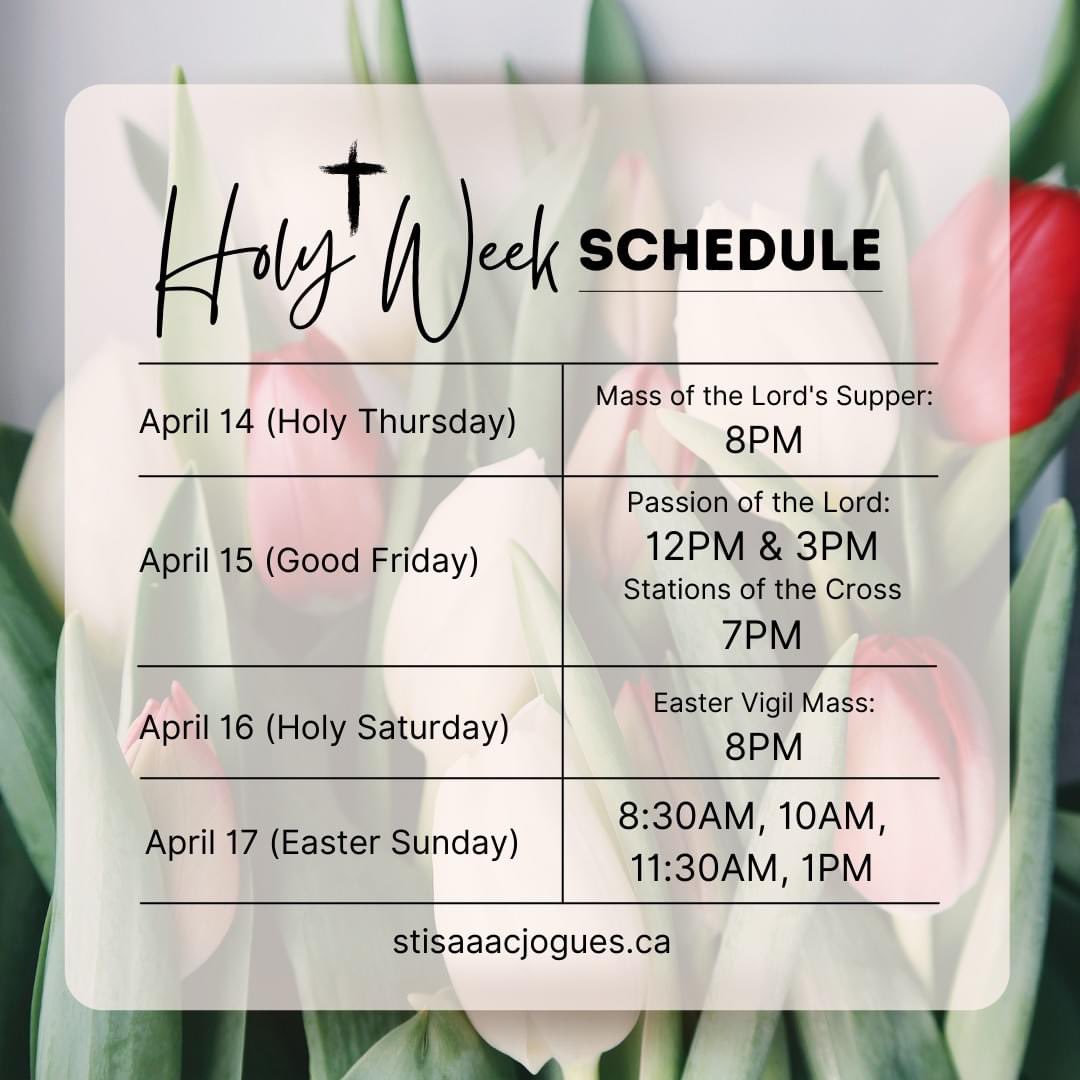Below is our schedule for the beautiful Holy Triduum liturgies, and we hope that you will join us!!

We will be having a small reception following the Easter Vigil Mass, and hope to see you there!

Have a blessed Holy Week! 🙏🏼