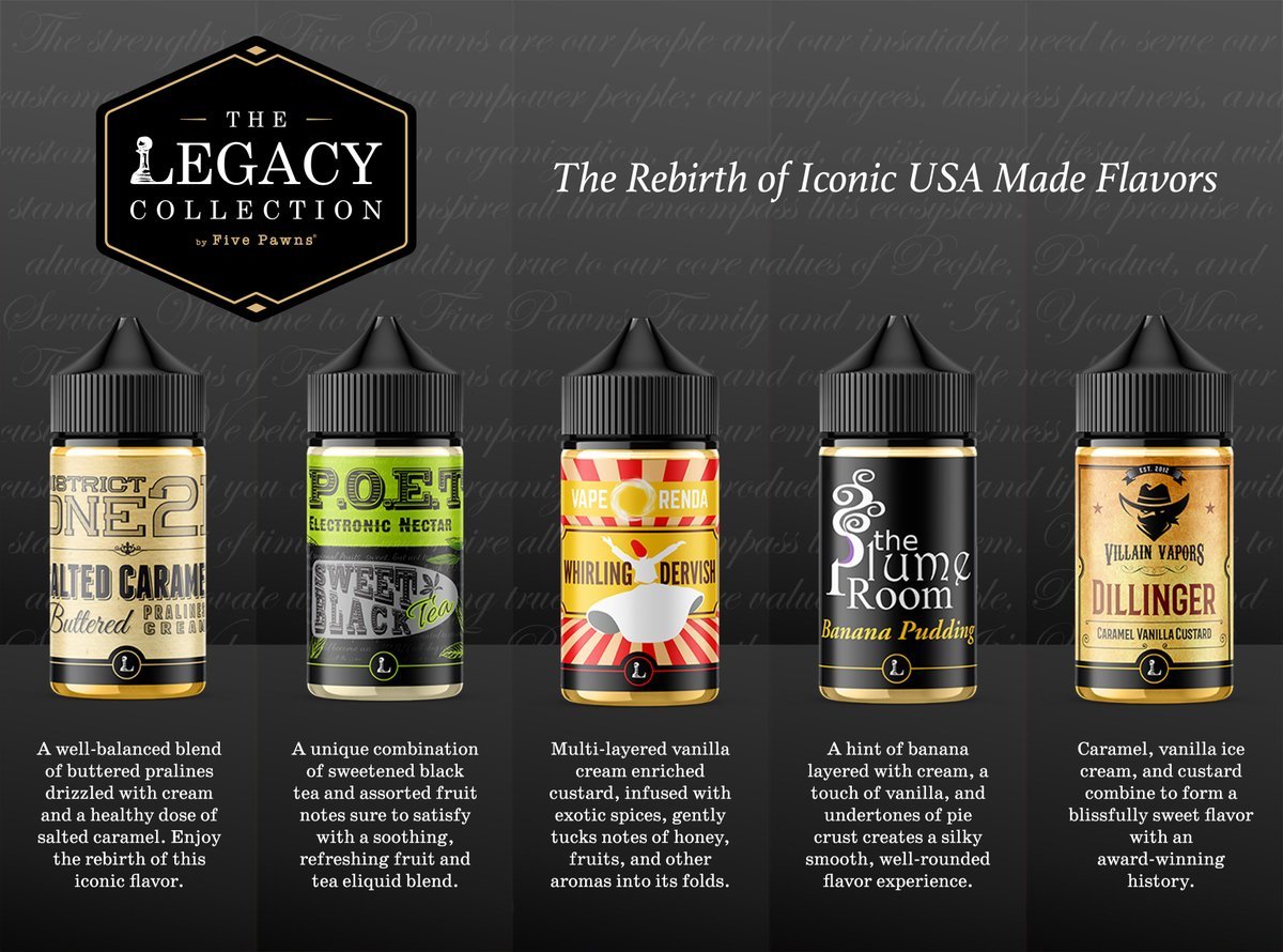 ThePlumeRoom's tweet photo. We've never seen this much yum in an eliquid collection before. No wonder they are selling so well. Thanks Five Pawns! #ThePlumeRoom #VillainVapors #POET #VapeOrenda #DistrictOne21 Round 2! Does your favorite vape shop carry these yet? Ask them. #VapeHappy #FivePawns #StayClassy https://t.co/x4hFusx4nr