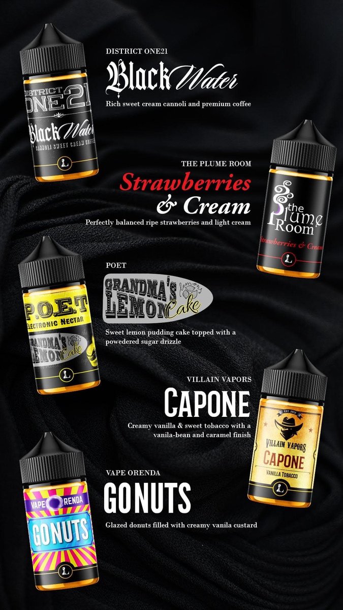 ThePlumeRoom's tweet photo. We've never seen this much yum in an eliquid collection before. No wonder they are selling so well. Thanks Five Pawns! #ThePlumeRoom #VillainVapors #POET #VapeOrenda #DistrictOne21 Round 2! Does your favorite vape shop carry these yet? Ask them. #VapeHappy #FivePawns #StayClassy https://t.co/x4hFusx4nr