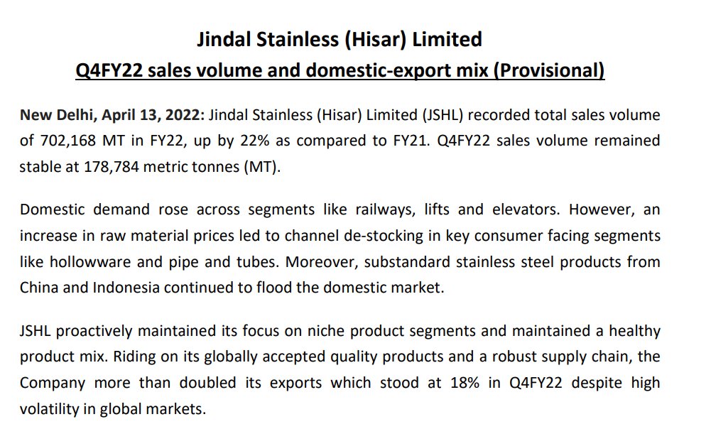 StocksAndStoics's tweet photo. #JSHL 
Jindal Stainless Hisar records a sales volume of 178,784 metric tonnes (MT) in Q4 compared to 184,000 MT in Q3. 
Q4 has recorded the lowest volume in FY22. Seems like some impact of Russia is there.
Dis: Continue to hold https://t.co/VUFBajidWG