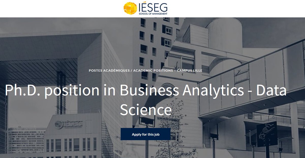IESEGResearch's tweet photo. [JOB OFFER] Lille Economics and Management (#CNRS) and @IESEG School of Management invite applications for a fully funded #PhDposition in #BusinessAnalytics - #DataScience #AI
➡ #Lille campus, Sept. 2022
➡ https://t.co/JL4QotTt7x #IESEGresearch https://t.co/XlZX8HxHhU