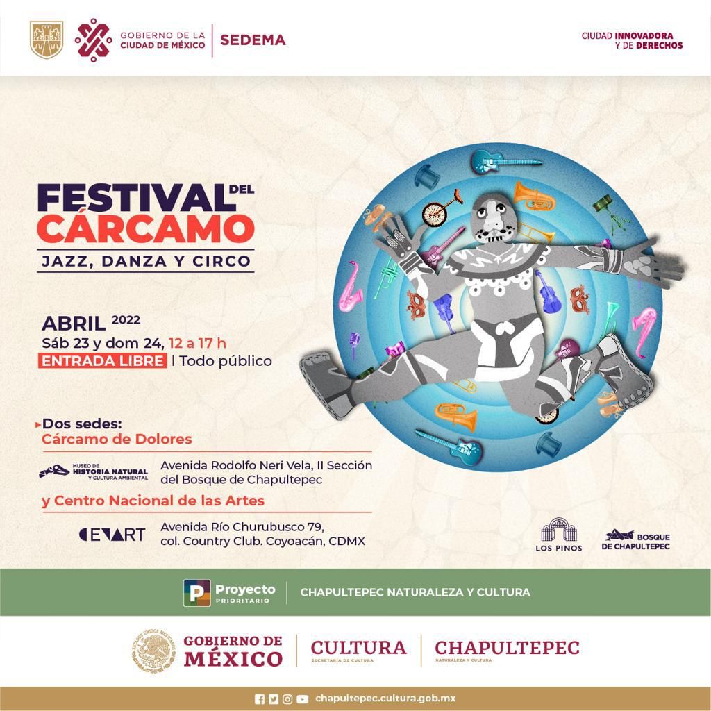 GobCDMX's tweet photo. ¡No te pierdas del #FestivalDelCárcamo los días 23 y 24 de abril! 
Disfruta del jazz, la danza y el circo en el Cárcamo de Dolores en @ChapultepecCDMX y en el @cenartmx. 🎷🎪 

Te esperamos de 12:00 a 17:00 hrs. 

#ChapultepecNaturalezaYCultura https://t.co/2RziMTApto
