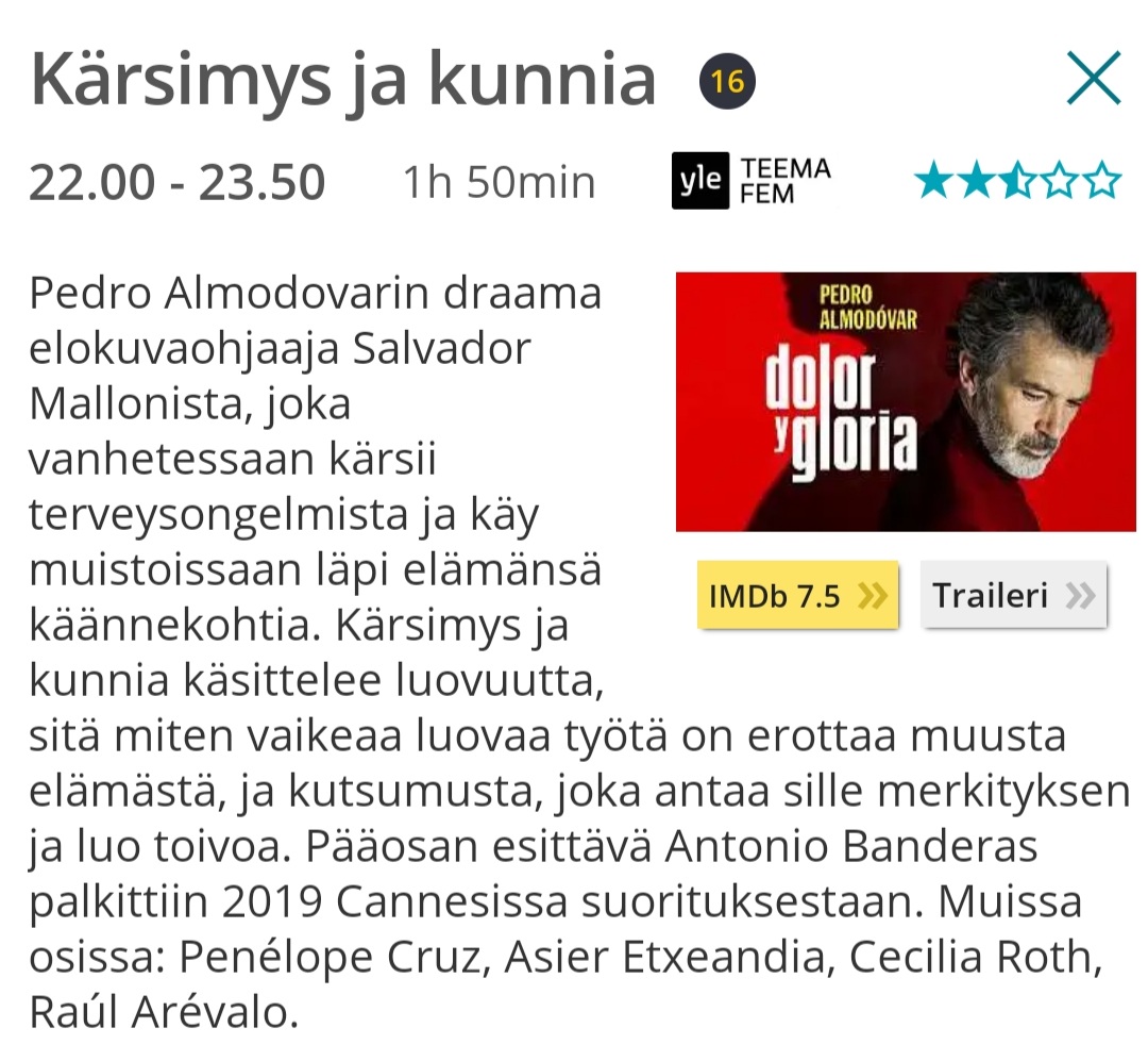 #ouraring on opettanut hyville unitavoille, mutta tänään kapinoin, koska Pedro Almodovar 💜 klo 22 #moviefan