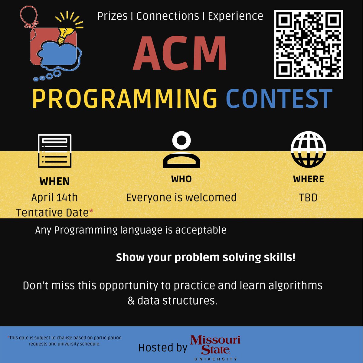 MoStateRobotics's tweet image. The ACM Programming Contest will be next Thursday (April 21st) at 7pm in Cheek 210!