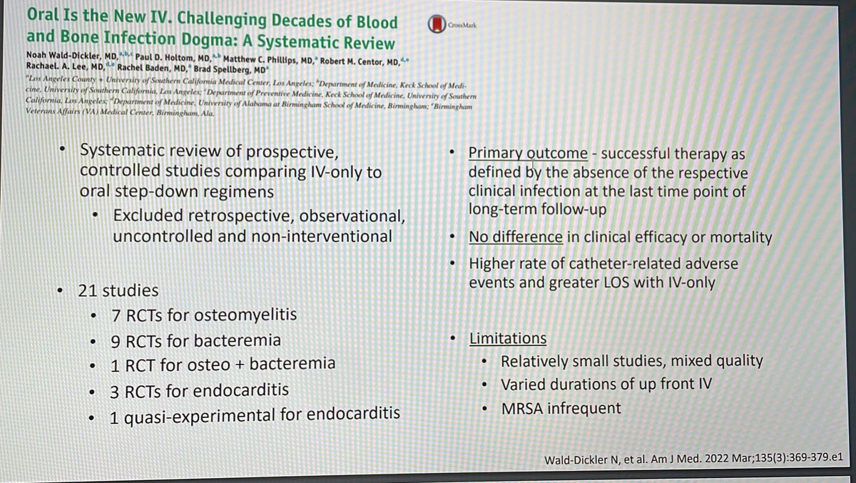 Great talks by @EmilySpivak and @BradSpellberg on Challenging the Dogmas of Stewardshp @SHEA_Epi #SHEASpring2022 #shorterisbetter #oralisthenewIV