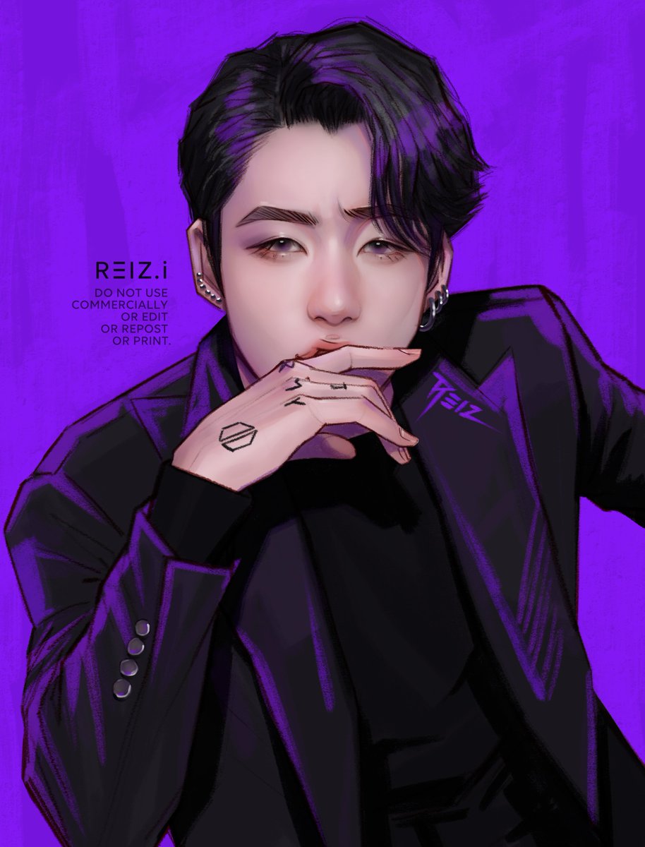 solo male focus 1boy black hair purple background jewelry earrings  illustration images