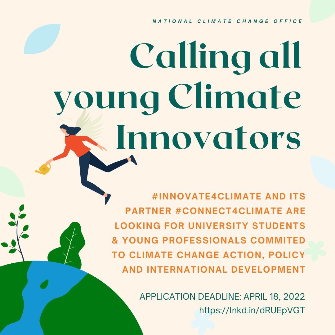 BZClimateChange's tweet photo. Calling all young climate innovators! 📣 
#Innovate4Climate and its partner #Connect4Climate are looking for university students &amp; young professionals committed to climate change action, policy, and international development
Apply by: April 18, 2022
https://t.co/DJ29n3DImn https://t.co/b6nZWu26Bb