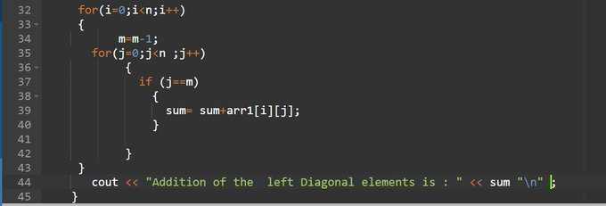 tripathi__vt's tweet photo. day"75" of #365daysofcode with 
@scaler_official
problem : "Write a program in C++ to 
Find the sum of left diagonals of a matrix"
//Started with C++//
#scalerdiscord #scalerlearning https://t.co/o3DHnxO9a7