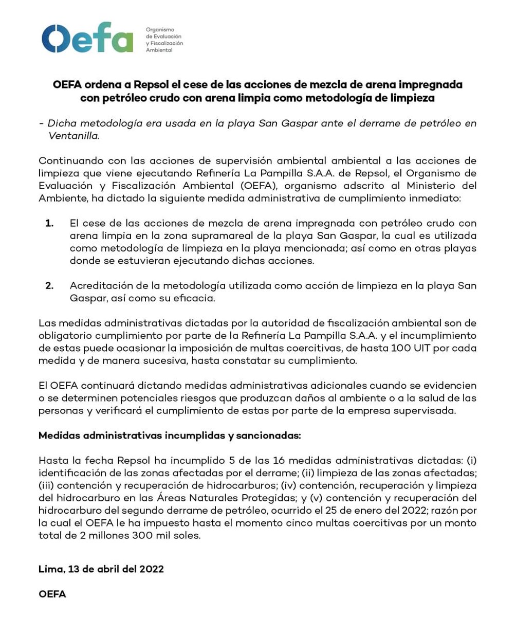 #LoUltimo OEFA alerta que #Repsol viene mezclando arena limpia con arena contaminada por el derrame de petróleo, como “metodología de limpieza”, y exige que la empresa cese esa medida.👇