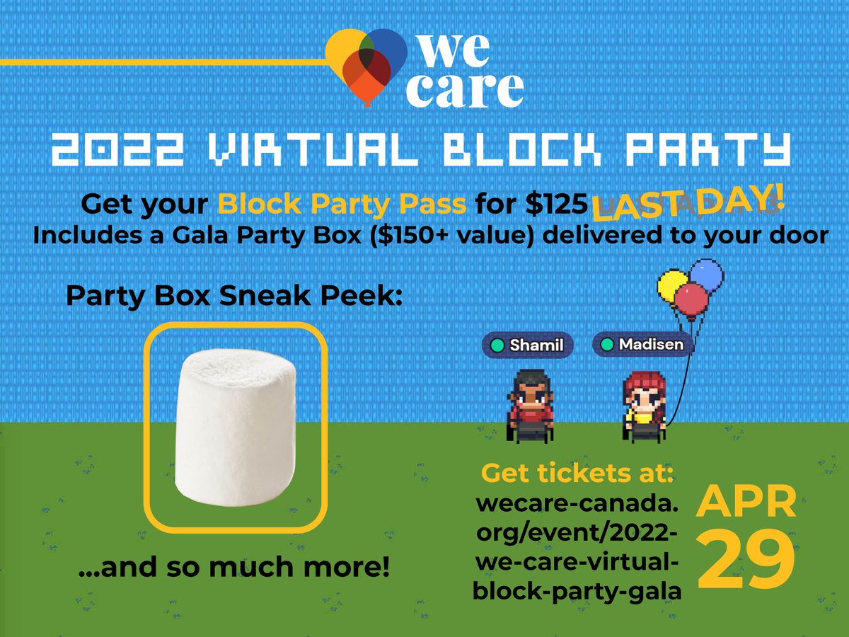 LAST DAY TO BUY TICKETS! Get your Block Party Passes for the We Care Virtual Block Party Gala on April 29th, including a Gala Party Box worth $150+. wecare-canada.org/event/2022-we-…
Here’s a Sneak Peek of what’s in the box.