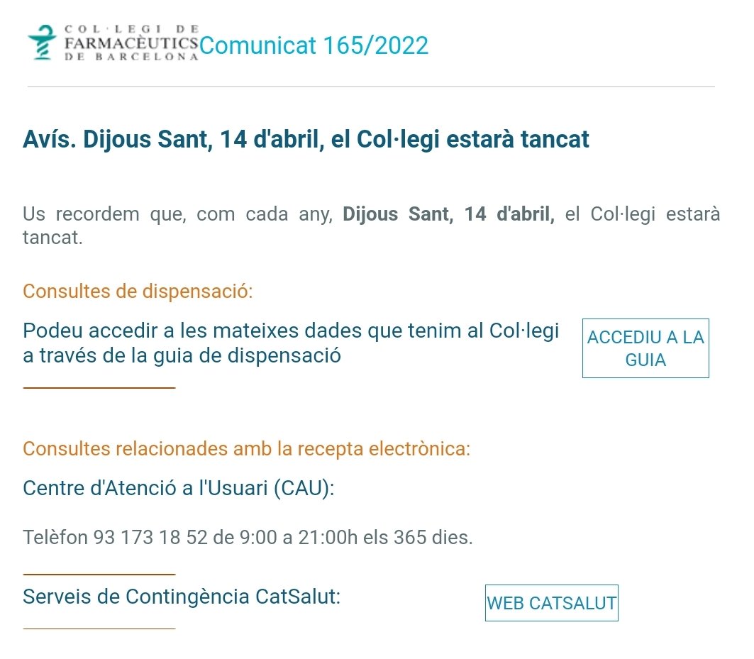 Leptyna's tweet photo. Envejo als companys de @farmaceuticsbcn . Demà festiu, per conveni. Per la resta de companys un dia normal i Dissabte Sant també.
Si tens cap problema haurà d'esperar fins dimarts.
Hi ha farmacèutics de 1a categoria i la gran majoria sóm de 2a, 3a...
Gràcies @FEFAC_farmacia https://t.co/RFF7fEvg7T