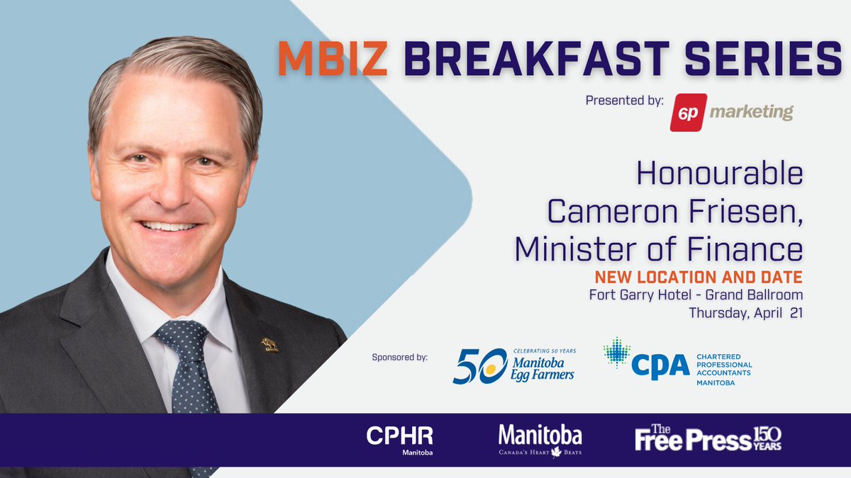We have secured a new date & location to host Minister Friesen for our MBiz Breakfast, Thursday, April 21 @TheFortGarry!

Read our full statement and view options for registration here: ow.ly/5YpE50IJ6NR