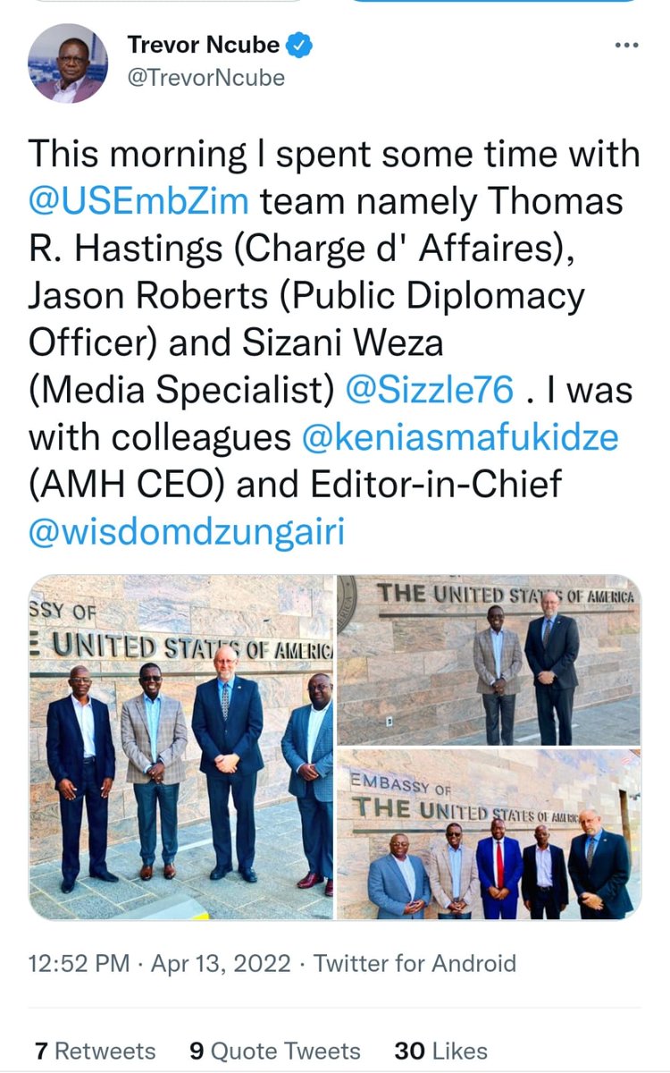 ProfJNMoyo's tweet photo. As @edmnangagwa's media czar in #PAC, Trevor Ncube wanted a cut from ED's ZWL slush fund to bailout AMH; he told Americans to keep their US$, which he hated using. Later he learnt the hard way that ED's loot is for clan boys &amp; quit PAC. Today he was begging for US$ at US Embassy! https://t.co/Fv90vjOdkF