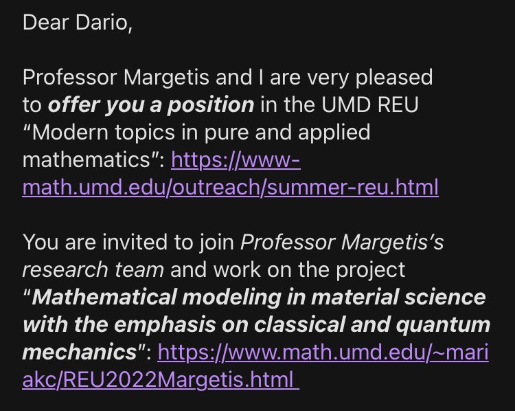 Mathri0's tweet image. Hello everyone! I’m really excited to share that during the summer I’ll be participating at the University of Maryland’s Mathematics REU. Looking foward to work with some awesome researchers!