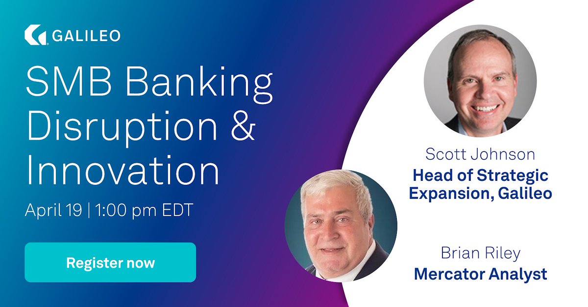 SMBs need more from their financial institutions than their personal accounts provide. Join us &amp; <a href="/MercatorAdvisor/">Mercator Advisory (now Javelin Strategy)</a> on April 19 for a #webinar on #SMB #Banking Disruption &amp; Innovation: bit.ly/3NVOz9F #SMBBanking #businessbanking