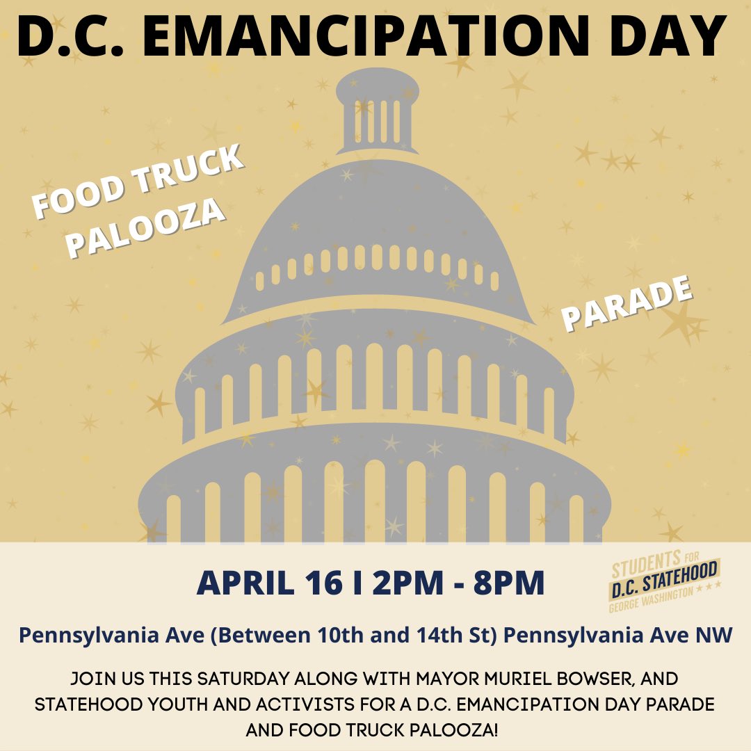 Join us on Saturday from 2-8pm at Pennsylvania Ave (between 10th and 14th St) for the D.C. Emancipation Day parade and food truck palooza! You won’t want to miss!
