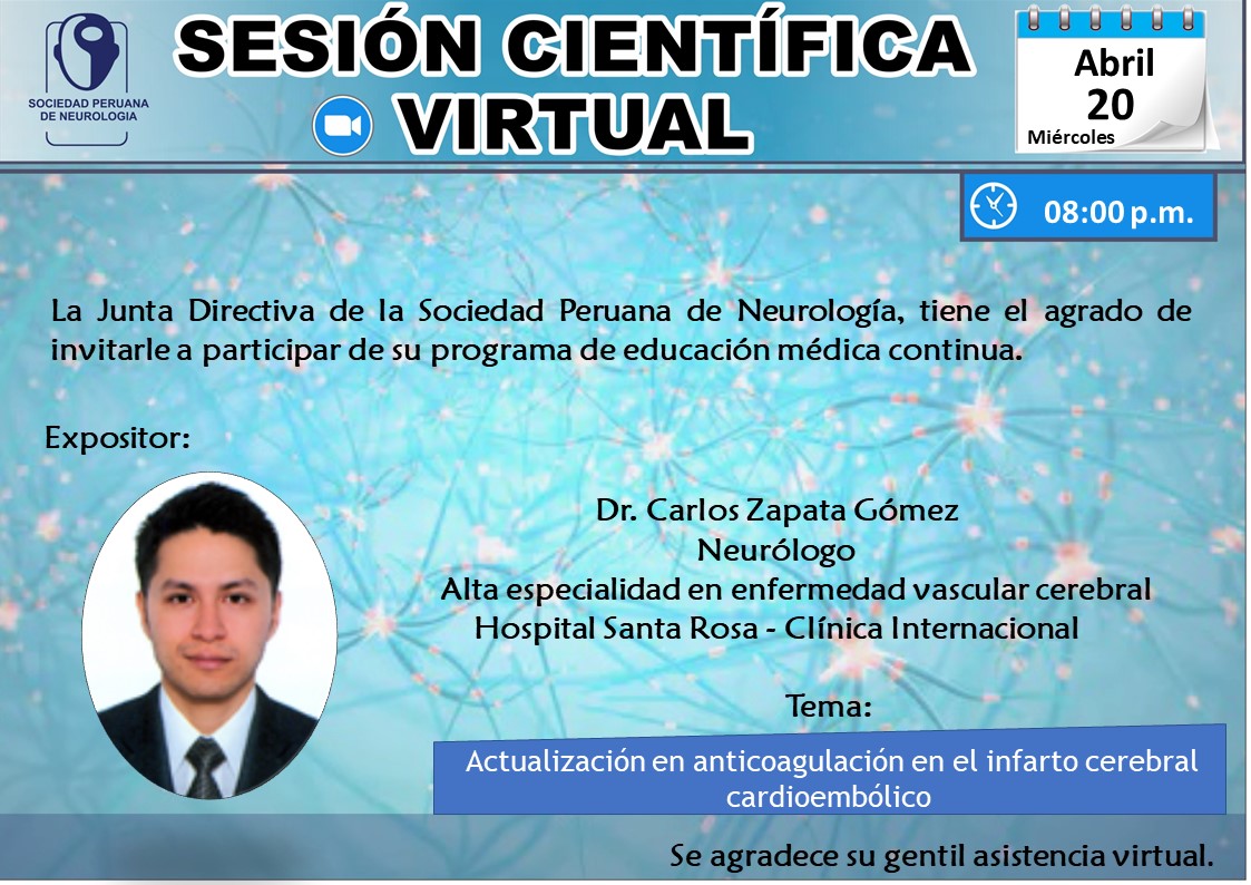 La Sociedad Peruana de Neurología, les invita a participar de la 2da Sesión Científica del mes de abril del 2022. 

INSCRÍBASE:  
us02web.zoom.us/webinar/regist…

#Medicina #neurologiaperu #Neurology