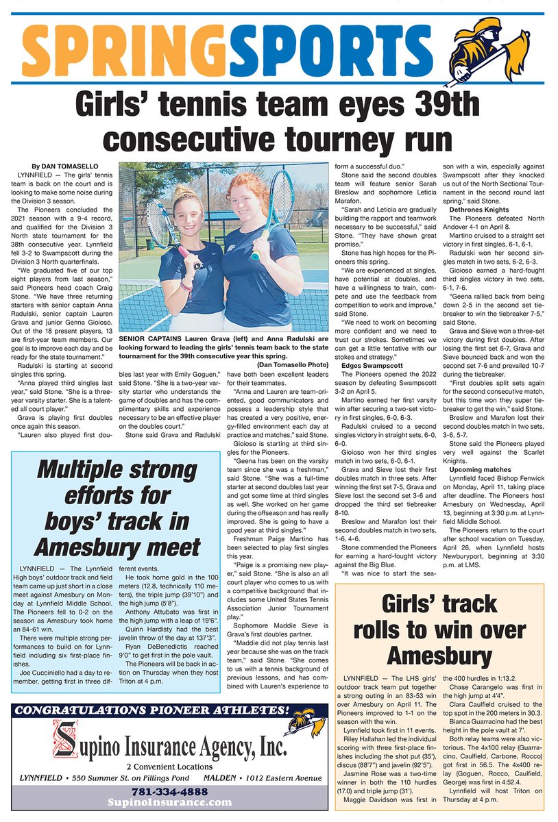 In this week’s Sports section, the girls’ tennis team is back on the court, the girls’ track team defeats Amesbury and the boys’ lacrosse team stings North Reading. Pick up your copy today! localheadlinenews.com/lynnfield-vill…