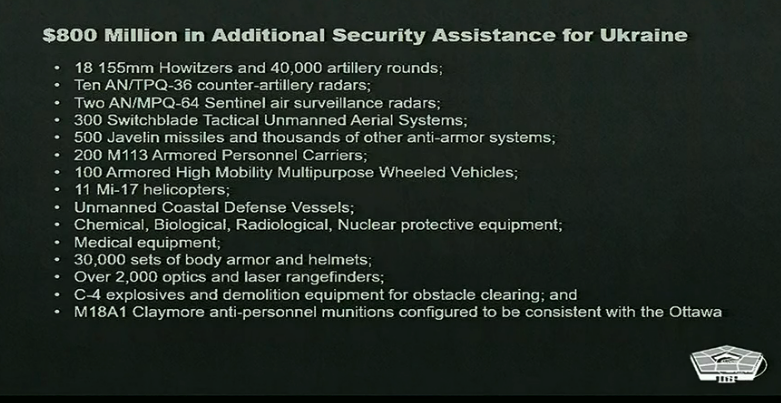 Additional US security assistance to #Ukraine intended to help its military in the "coming days and weeks" continue to repel the invaders from #Russia, says @PentagonPresSec.