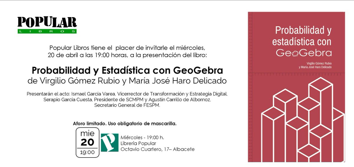 precariobecario's tweet photo. El miércoles que viene (20 de abril) a las 19:00 presentamos en @PopularLibros nuestro último libro sobre probabilidad y estadística con @geogebra  publicado por la @fespm_es  .   @uclm_es @UCLMdivulga @ivarea @carrillo_ag @juanmtg1   @esiiab @etsiiAB  @Dia_Geogebra https://t.co/AeievIEgmB