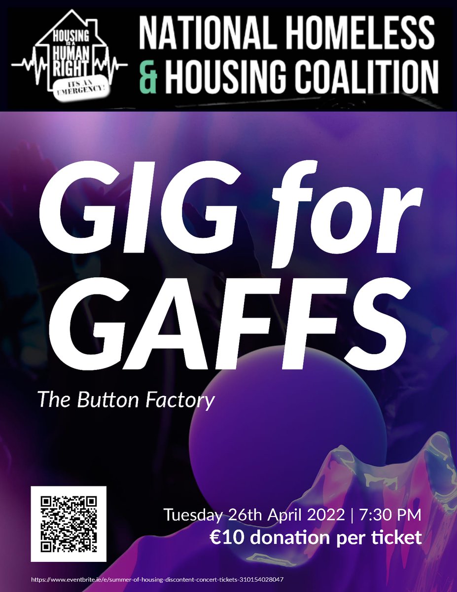 🏡👏#GigforGaffs🏘️🎶 #GigforGaffs April26 @ButtonFactory22 TempleBar With no sign of the housing crisis easing, we need to build a mass movement to tackle the issue. Join @_HousingCrisis for a great night of music & help us build that movement. Tickets buff.ly/3DDiSxg