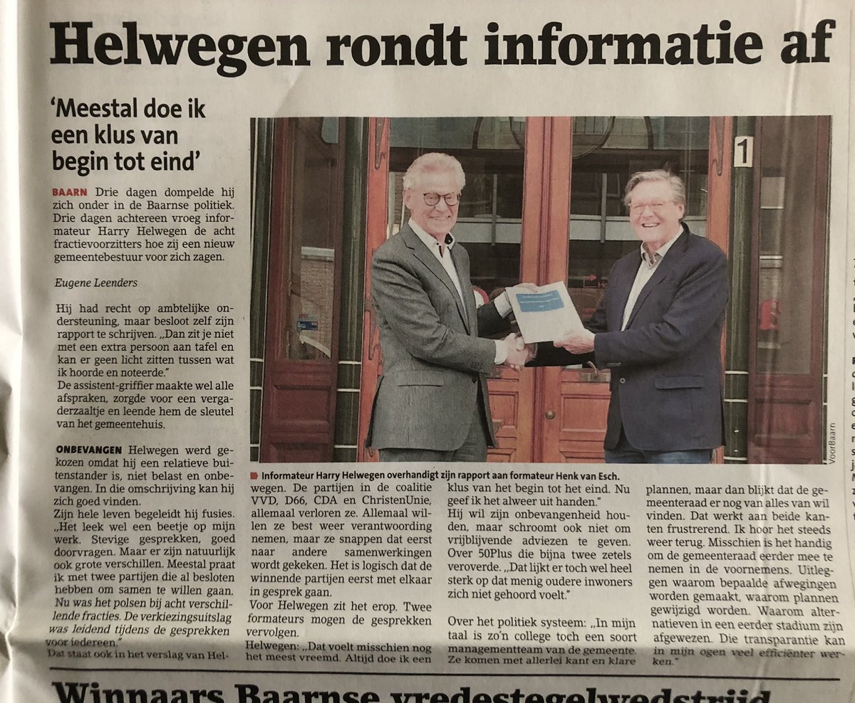 Maandag heb ik als informateur in opdracht van <a href="/VoorBaarn/">VoorBaarn 💜</a> mijn opdracht formeel afgerond door het aanbieden van het verslag aan formateur <a href="/EschHenk/">Henk Van Esch</a> (Henk van Esch). Een eer om dit te mogen doen en weer een hele ervaring rijker.