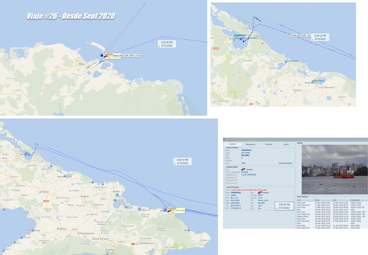 FlconEYES's tweet photo. ⚓️#TAUROGAS #IMO9031985
VIAJE # 26 desde Sept2020
El viaje #25, no lo hizo a Moa y su ruta cambió a Nuevitas para descargar Gas Licuado.🧐🧐
Retornando a Point Lisas, le vende gas licuando a Sherrit para trabajos de minería.
#HappeningNow #OSINTCuba #cubarcos #Cuba #13Abr https://t.co/cAVW68rRV1