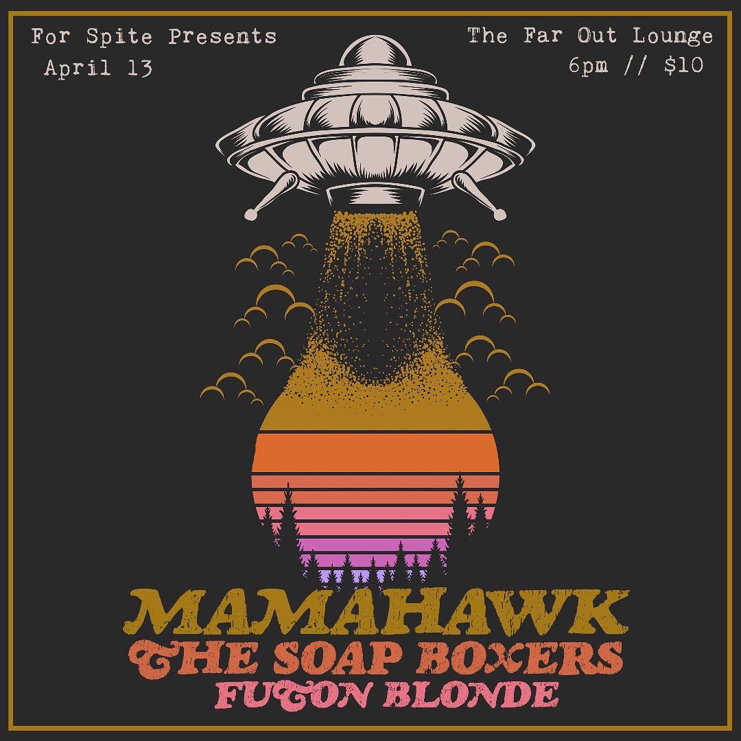 We’re back @FarOutLounge tonight w/ <a href="/YourMamahawk/">MAMAHAWK</a> and <a href="/FutonBlonde/">Futon Blonde</a>! $10 cover, all ages!

#ForSpitePresents #FarOutLounge #SouthAustin #ATX #ATXmusic #SupportLocalMusic #Do512