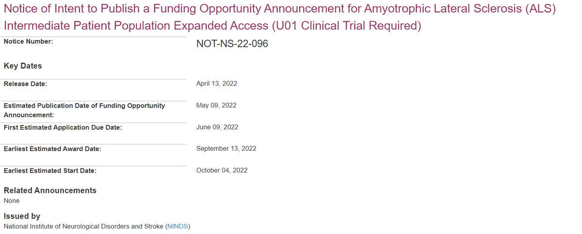Great news!  <a href="/NIH/">NIH</a> has set up the #ACTforALS funding!
First application date:  June 9th

Thank you <a href="/RepMikeQuigley/">Mike Quigley</a> <a href="/rosadelauro/">Rosa DeLauro</a> <a href="/ChrisCoons/">Senator Chris Coons</a> <a href="/lisamurkowski/">Sen. Lisa Murkowski</a> @RepAnnaEshoo for all you did to make this happen!

grants.nih.gov/grants/guide/n…

<a href="/bsw5020/">Brian Wallach</a> <a href="/als_now/">No More Excuses ALS Watchdogs!</a> <a href="/LisaLegacy4ALS/">Lisa's Legacy for ALS</a> <a href="/stevens_nation/">axeALSFoundation</a>
