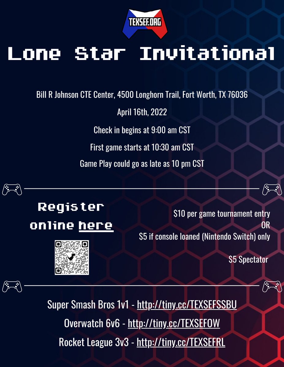 Come support our Esports competitors as they compete in the Lone Star Invitational sponsored by <a href="/TEXSEF/">Texas Scholastic Esports Federation</a> and hosted by <a href="/BRJCTE/">Bill R. Johnson CTE Center</a> and <a href="/CrowleyISD/">Crowley ISD</a>!!! Students can compete in Rocket League and Smash Bros.