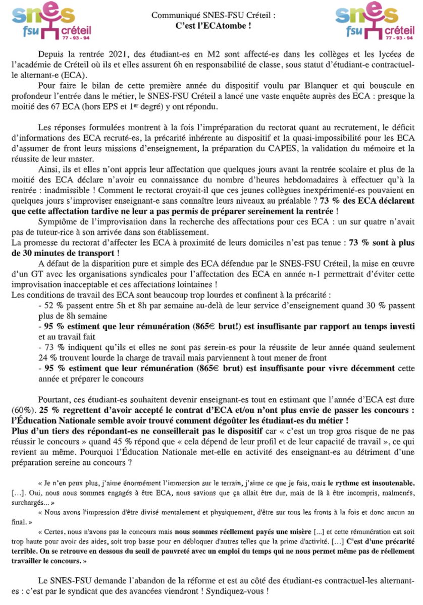 Ithyphallique's tweet photo. ❌

Bilan accablant pour Blanquer qui a jeté des étudiants en M2 en responsabilité devant les classes.
 A Créteil :
- 95% estiment leur rémunération insuffisante pour vivre 
- 73% ne sont pas sereins pour réussir leur année
- 25% n'iront même pas au CAPES

https://t.co/8nGkyoEu85 https://t.co/fBORwgxOll