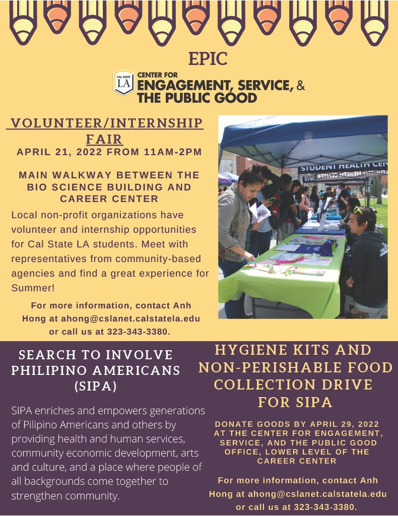 CalStateLAServe's tweet image. Don&apos;t forget about all the great events we have coming up as we reach the end of April! If you&apos;d like to find other volunteer opportunities register with eagle connect or come to our Volunteer/Internship fair on the 21st!