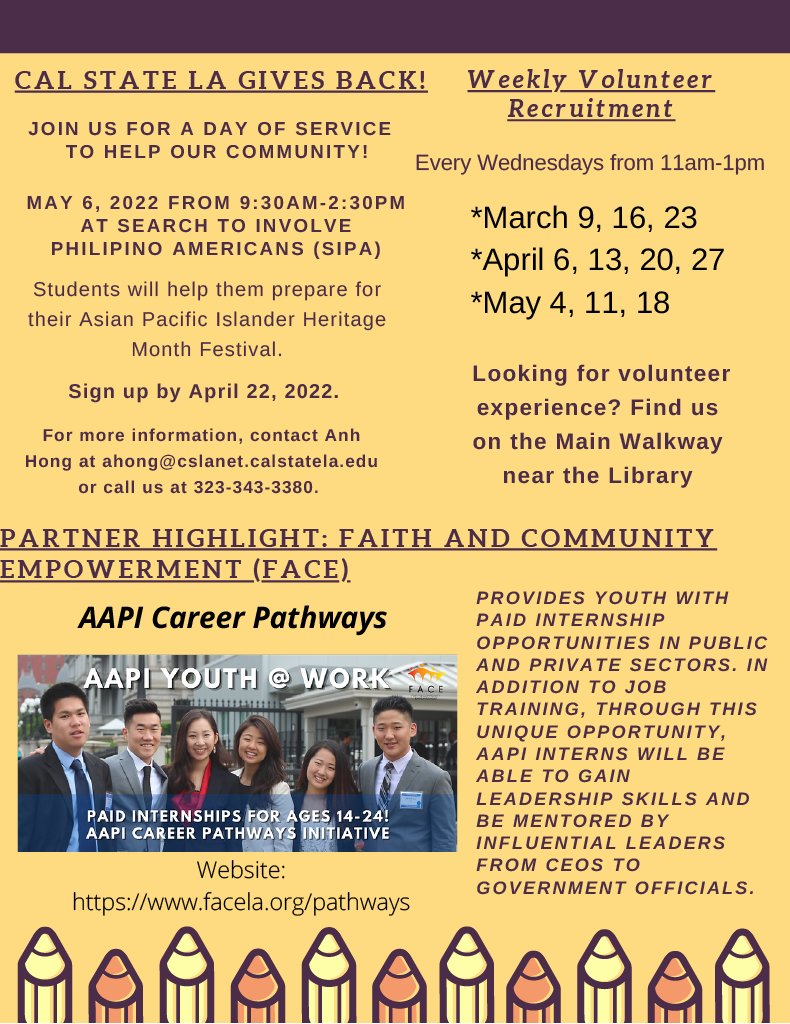 CalStateLAServe's tweet image. Don&apos;t forget about all the great events we have coming up as we reach the end of April! If you&apos;d like to find other volunteer opportunities register with eagle connect or come to our Volunteer/Internship fair on the 21st!