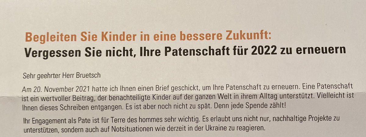 Liebe ⁦<a href="/tdhschweiz/">terre des hommes schweiz</a>⁩ - das ist jetzt etwas dreist. Seit über zwanzig Jahren erhält ihr jeden Monat einen Beitrag von mir. Und dann schreibt Ihr mir sowas.