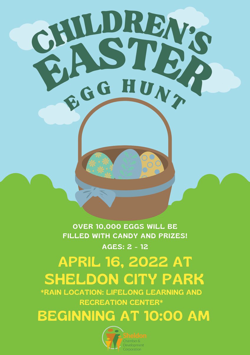 sheldonchamber's tweet photo. The Easter Egg Hunt will be held this Saturday at the City Park! Don’t forget to enter the Bicycle giveaway! The registration form can be found at https://t.co/DrnbNwDtj9! Be sure to bring the registration form to the Easter Egg Hunt to be entered into the drawing! https://t.co/PjG61hxuCm