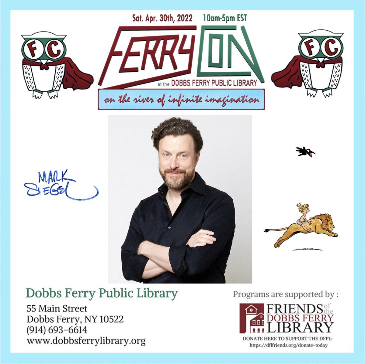 DobbsFerryLib's tweet photo. We are super excited to have @marksiegelbooks, the Founder and Creative and Editorial Director of @01FirstSecond, joining us at this year's FerryCon on April 30th!
#FerryCon2022 #FerryCon #DobbsFerry #MarkSiegel #Con #ComicCon #FirstSecondBooks #FirstSecond https://t.co/7XJdKtzrgy