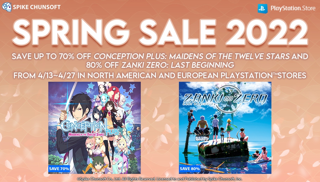 SpikeChunsoft_e's tweet photo. From the stars 🌟to the sea🌊, find a new world to explore. During the #PlayStation Store Spring Sale from April 13-27, 2022, in NA and EU, save up to 80% on these RPGs from Spike Chunsoft, Inc.

https://t.co/OvVUt8bBkw

#ZankiZero #ConceptionPlus https://t.co/y1sBkC27yT