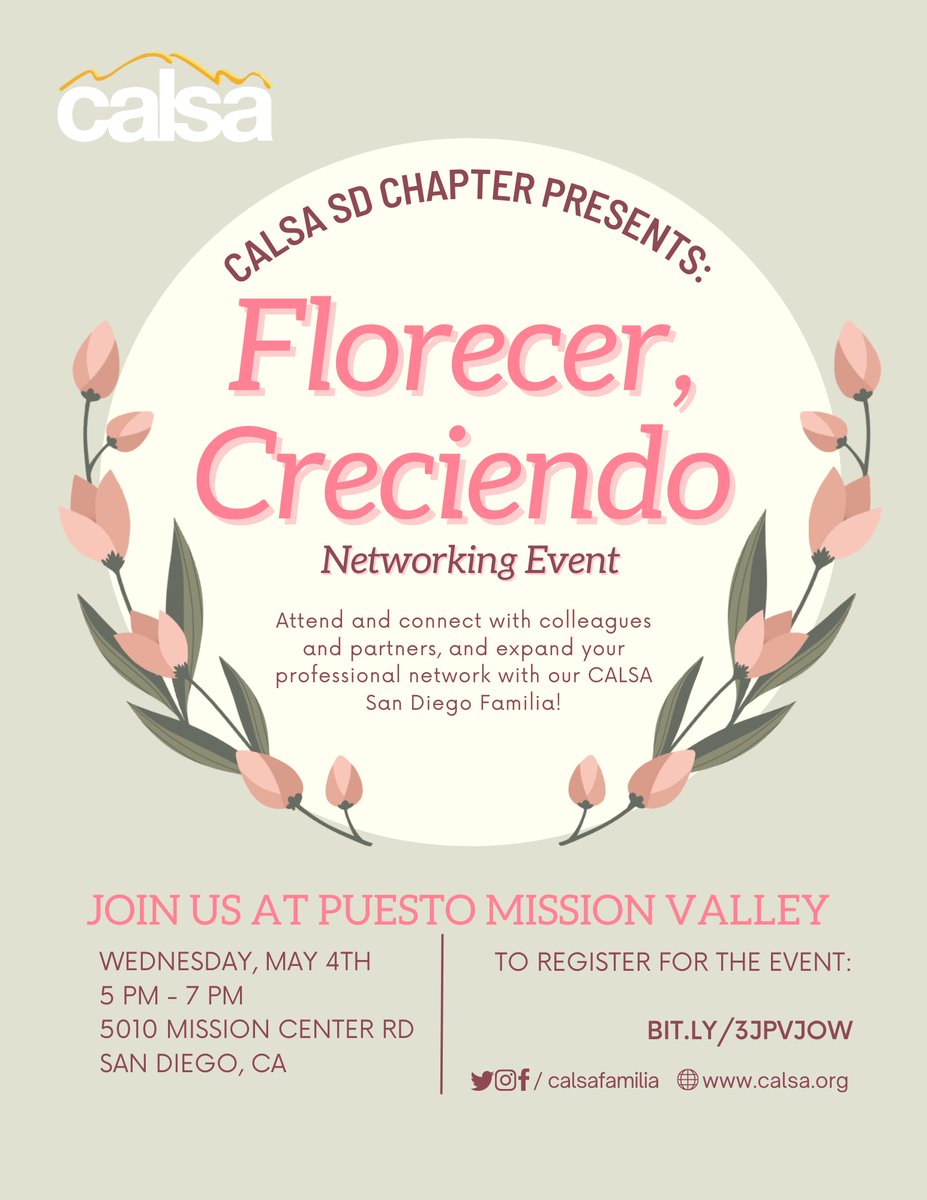 Join us as we continue to develop our leadership skills. @CALSAfamilia SD fam invites you May 4th at 5pm at Puesto in Mission Valley to network and expand your professional connections with like minded gente. See you there BIT.LY/3JPVJOW Please RT