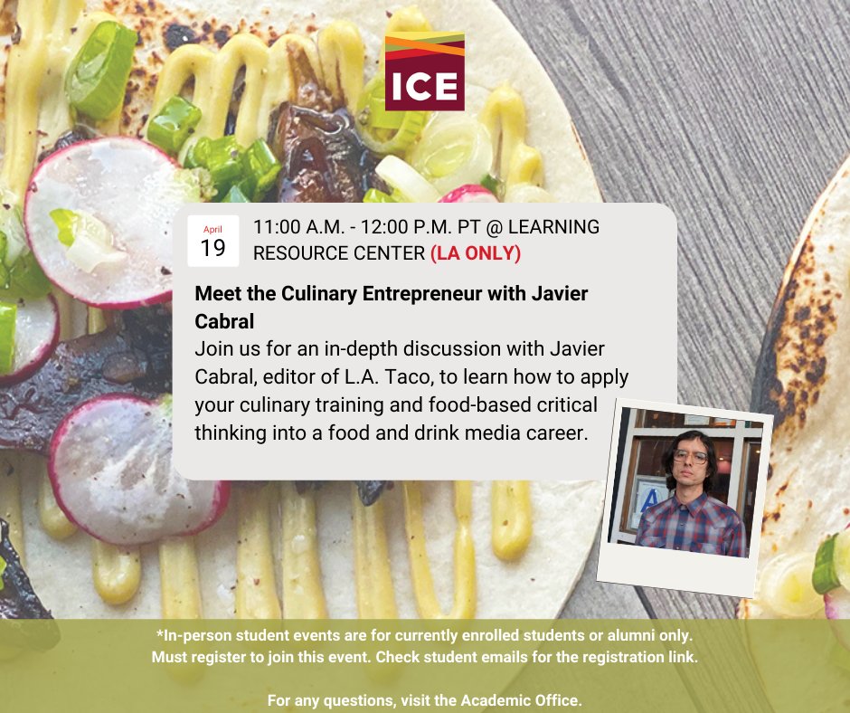 iceculinary's tweet image. Join us for an in-depth discussion with Editor in Chief Javier Cabral from @LATACO to learn how to apply your culinary training and food-based critical thinking into a food and drink media career. 🌮 #ICEculinary

For more info: ice.edu/losangeles/eve…

#culinaryvoice #event