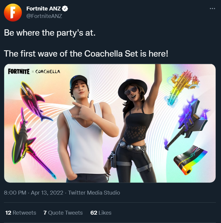 FireMonkey's tweet photo. Based on the description from Fortnite's Australia/New Zealand Twitter account, this is going to be "The FIRST Wave" of Coachella Cosmetics.

So expect more Fortnite x Coachella in the future. https://t.co/ahiba2voL0